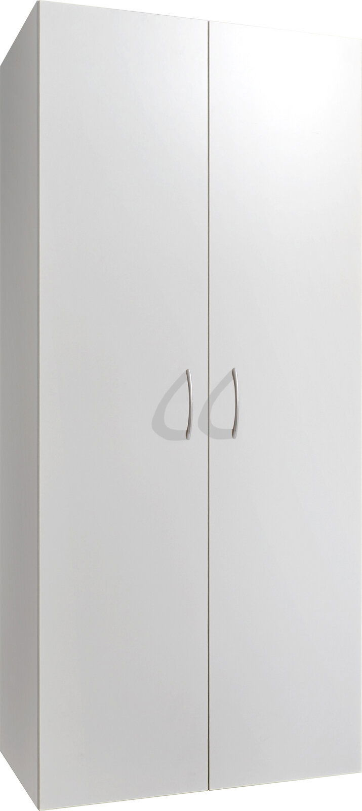 Weißer Besen- und Mehrzweckschrank mit zwei Türen und silbernen Griffen, Frontalansicht