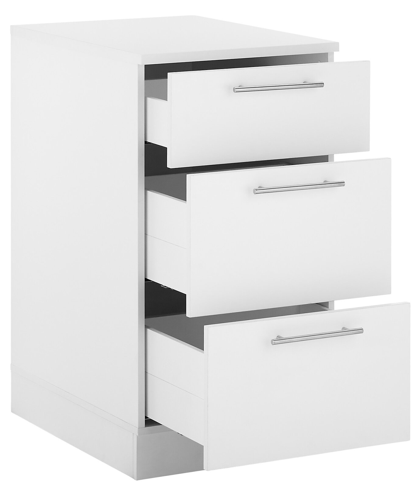 Weißer Unterschrank mit drei offenen Schubladen, perspektivisch von vorne links fotografiert.