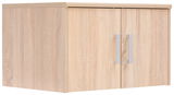 Holzfarbener Aufsatzschrank XORA Serie EASY mit zwei Türen und silbernen Griffen, Perspektive von vorne links