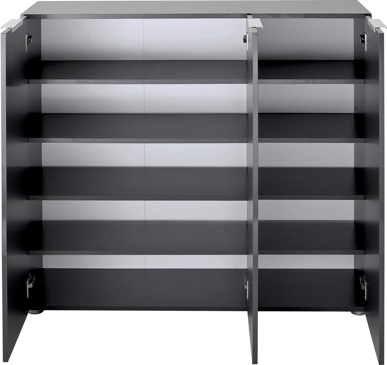 Offene Garderobenkombination mit drei Fächern und mehreren Regalböden, frontal betrachtet.