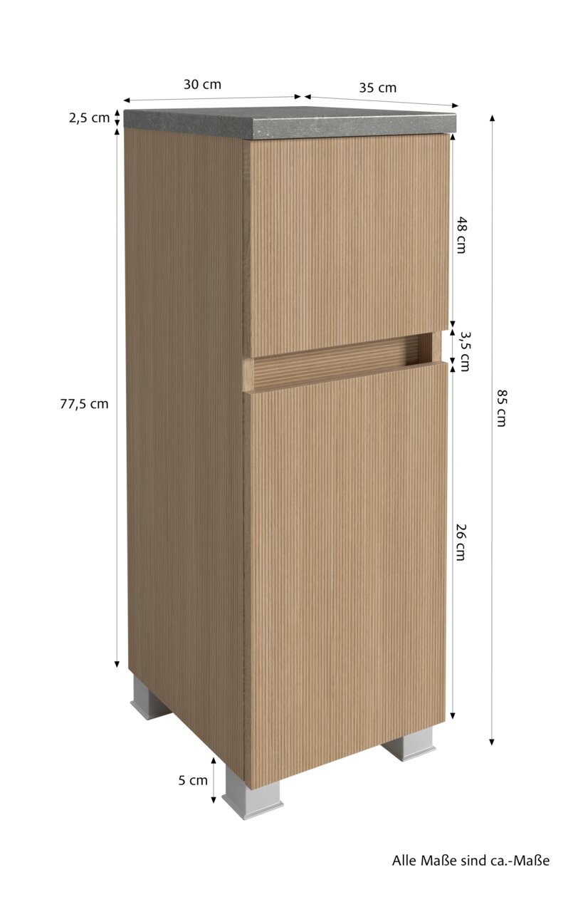Unterschrank aus Holz mit zwei Schubladen, Ansicht von vorne links, mit grauer Oberseite und silbernen Füßen, Maße: 85 cm hoch, 35 cm tief, 30 cm breit.