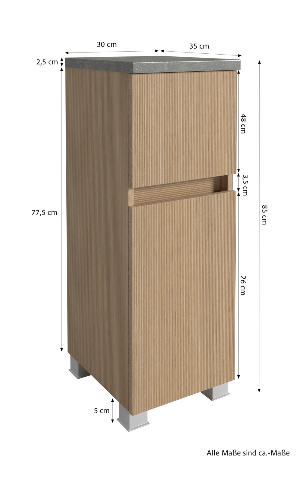 Unterschrank aus Holz mit zwei Schubladen, Ansicht von vorne links, mit grauer Oberseite und silbernen Füßen, Maße: 85 cm hoch, 35 cm tief, 30 cm breit.