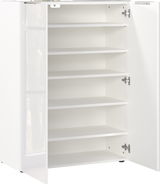 Weißer Schuhschrank mit geöffneter Tür, fünf Regalböden sichtbar, Perspektive von vorne.