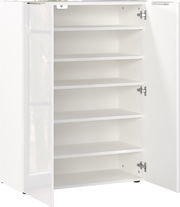 Weißer Schuhschrank mit geöffneter Tür, fünf Regalböden sichtbar, Perspektive von vorne.