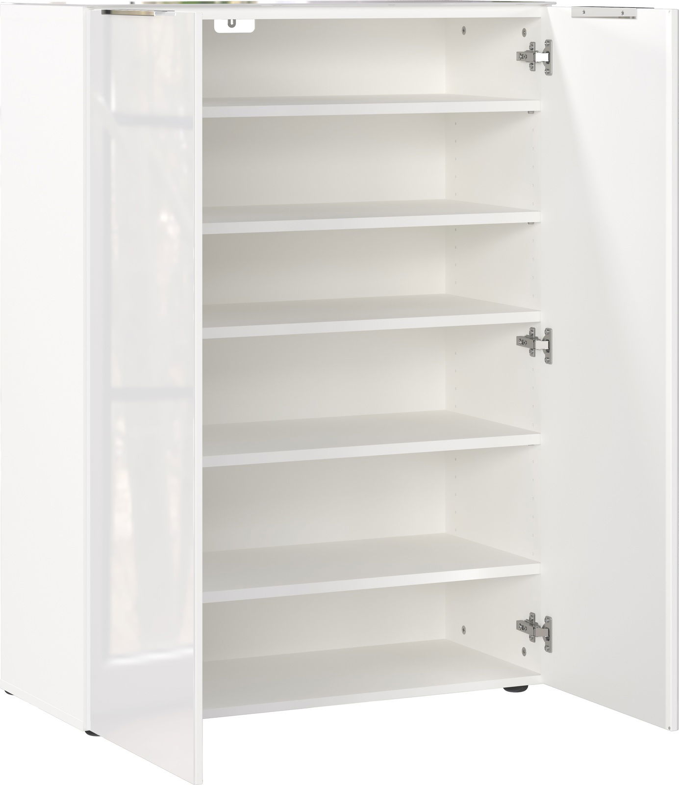 Weißer Schuhschrank mit geöffneter Tür, fünf Regalböden sichtbar, Perspektive von vorne.