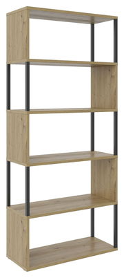 Breites Regal aus Holz mit fünf Ebenen und schwarzen Metallstreben, seitliche Perspektive