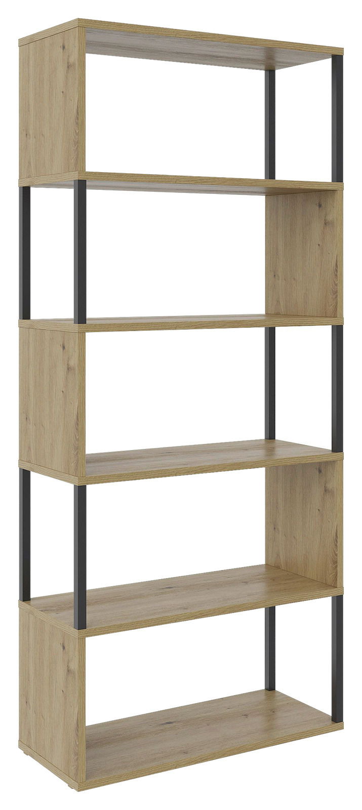 Breites Regal aus Holz mit fünf Ebenen und schwarzen Metallstreben, seitliche Perspektive