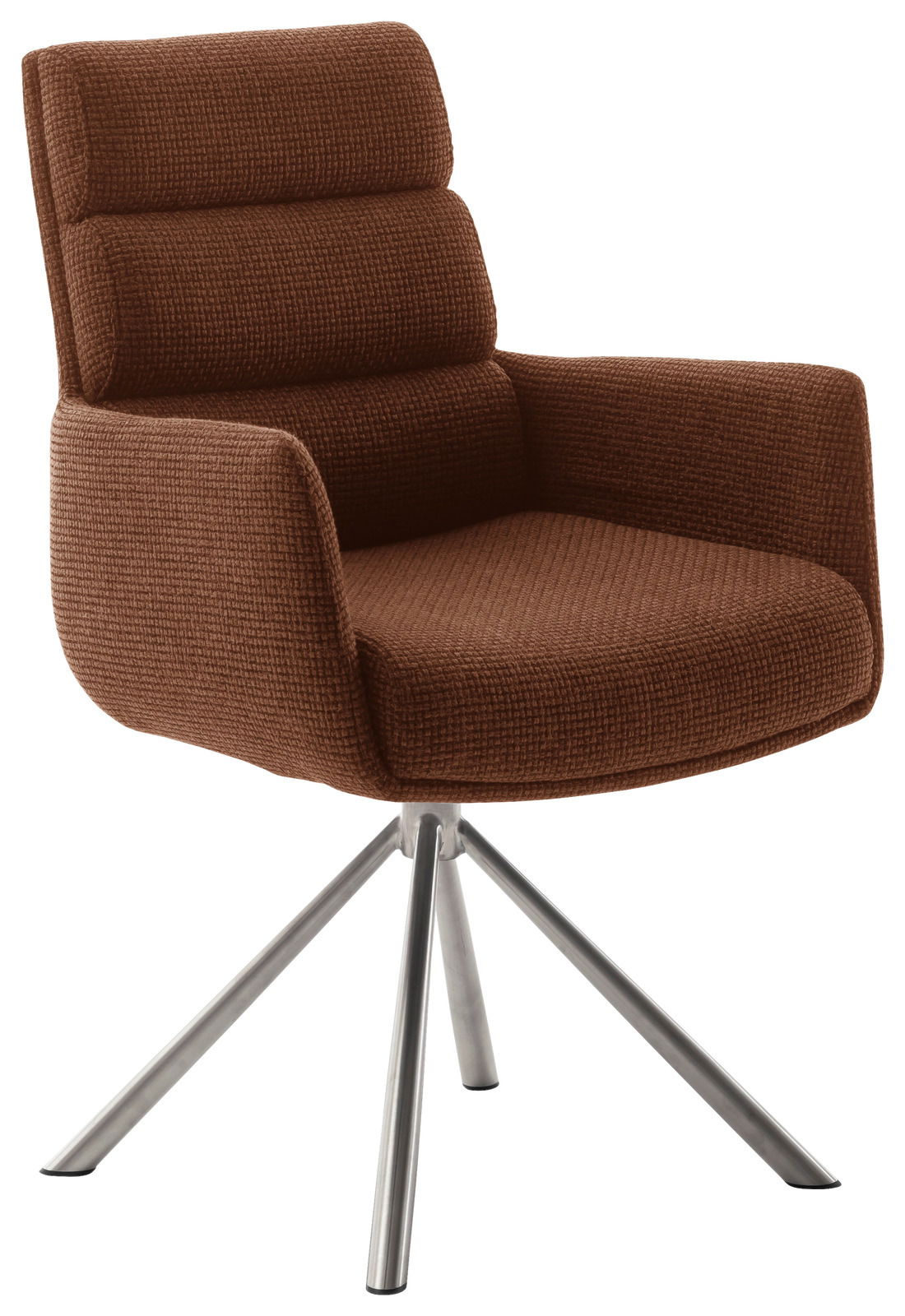 Brauner Armlehnstuhl mit gepolsterter Rückenlehne und modernem Metallgestell, seitliche Perspektive