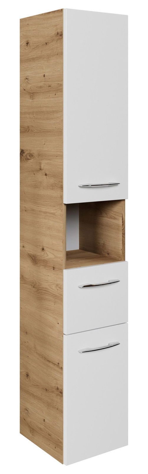 Hochschrank in Holzoptik mit weißen Fronten, seitliche Perspektive