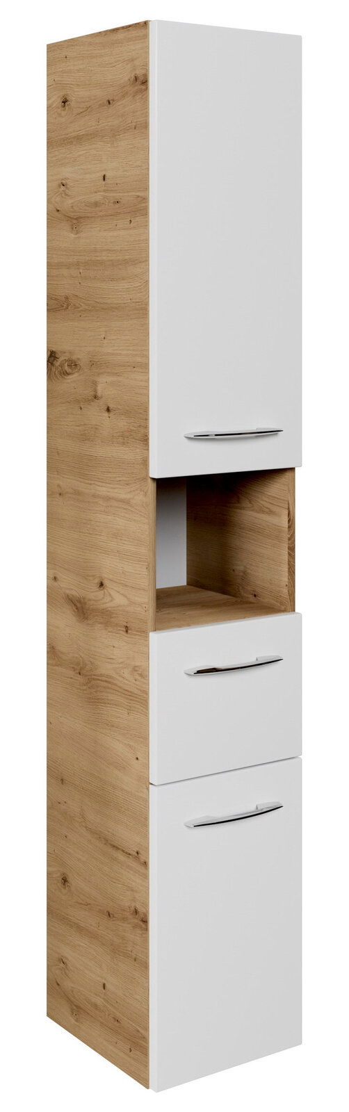 Sadena Hochschrank PLAKA Hochschrank in Holzoptik mit weißen Fronten, seitliche Perspektive