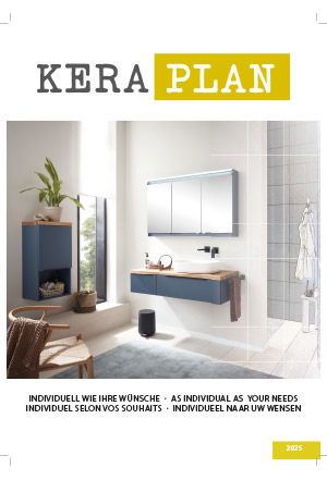 Bad mit blauem Schrank, Spiegel, Dusche und Pflanzen, Titel: KERA PLAN 2025.