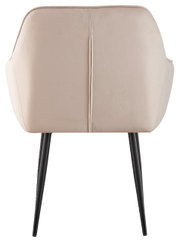 Achterkant van een beige fauteuil met zwarte poten