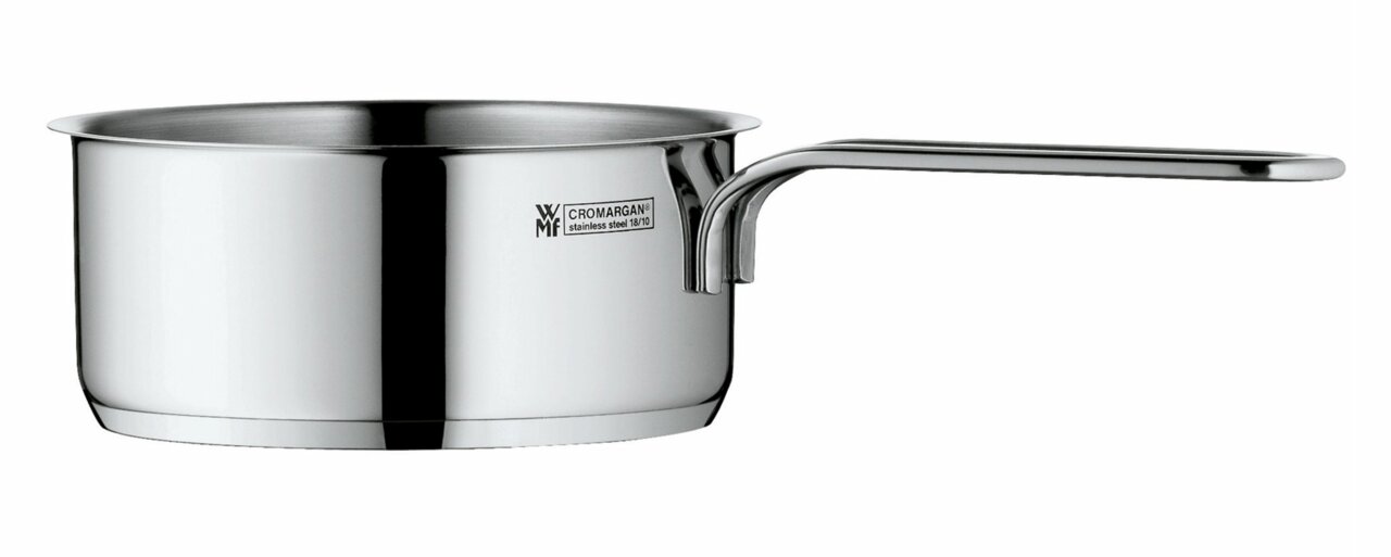 Kleine Stielkasserolle aus Edelstahl mit langem Griff, seitliche Perspektive
