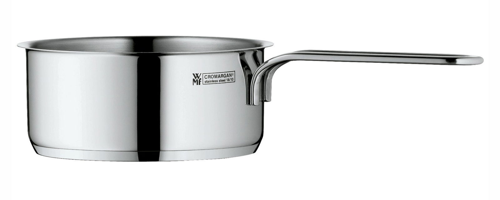 Kleine Stielkasserolle aus Edelstahl mit langem Griff, seitliche Perspektive