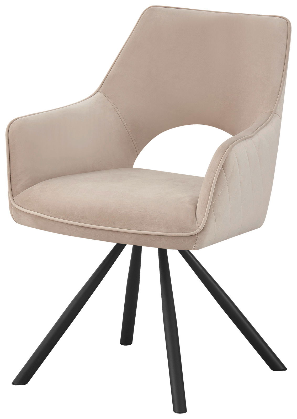 Beiger Armlehnstuhl mit schwarzem Metallgestell, seitliche Perspektive