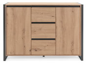 Frontale Ansicht eines modernen Sideboards aus Holz mit drei Schubladen in der Mitte und zwei Türen an den Seiten, umrahmt von einem dunklen Metallrahmen.