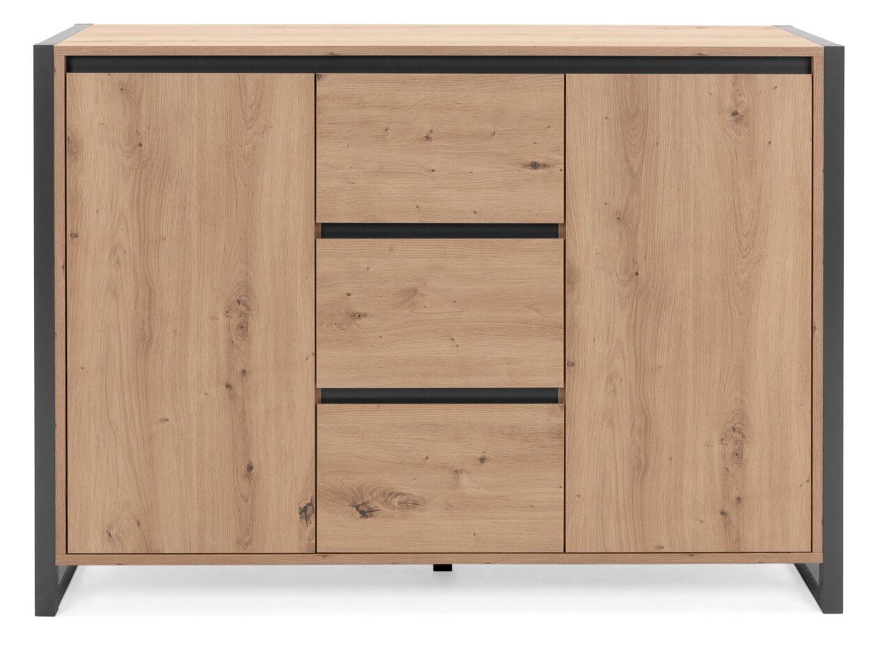 Vooraanzicht van een modern houten dressoir met drie lades in het midden en twee deuren aan de zijkanten, omlijst door een donker metalen frame.