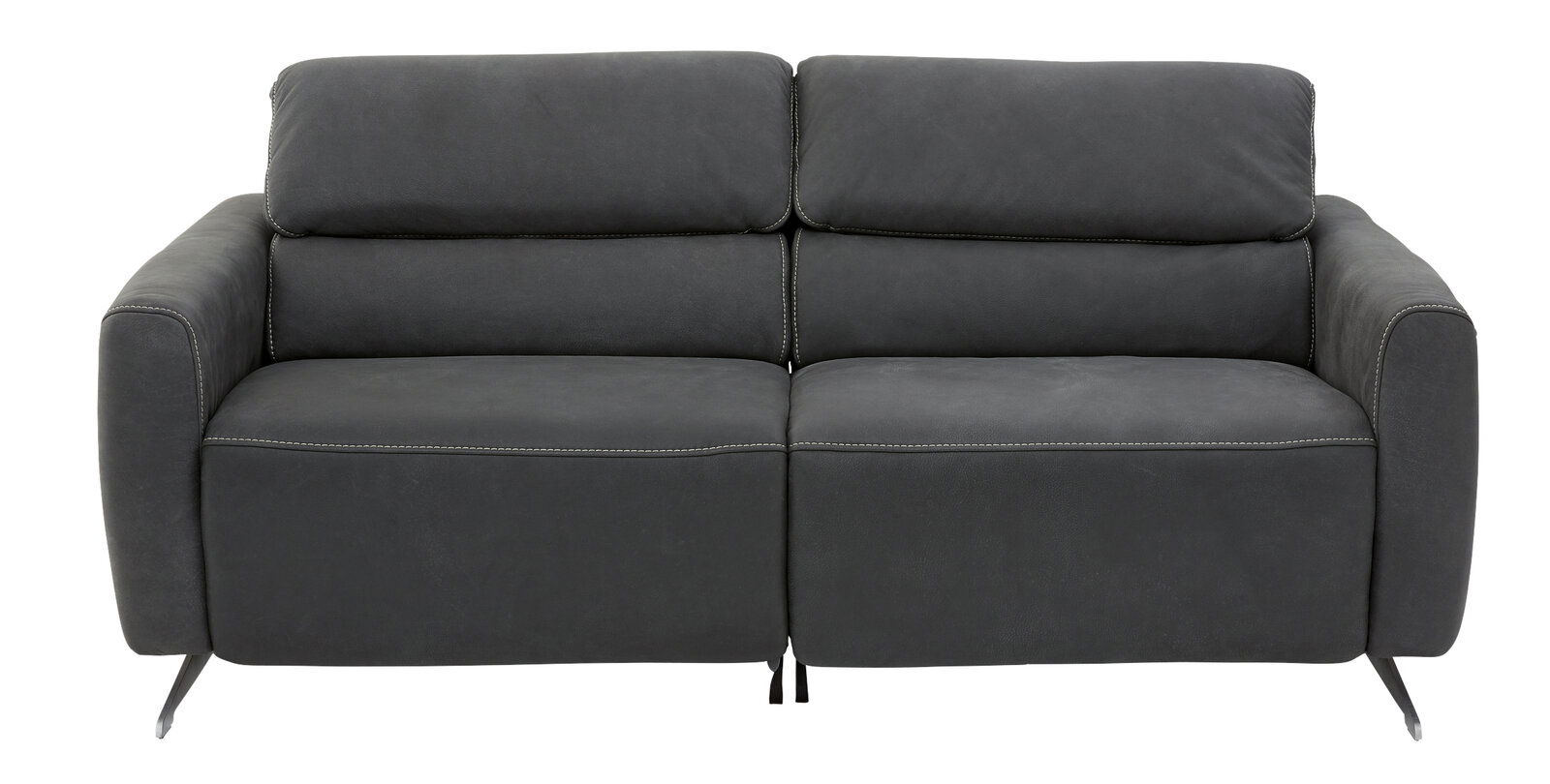 Frontale Ansicht eines modernen, dunkelgrauen 3-Sitzer-Sofas mit klaren Linien und eleganten Nähten.