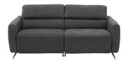 Frontale Ansicht eines modernen, dunkelgrauen 3-Sitzer-Sofas mit klaren Linien und eleganten Nähten.