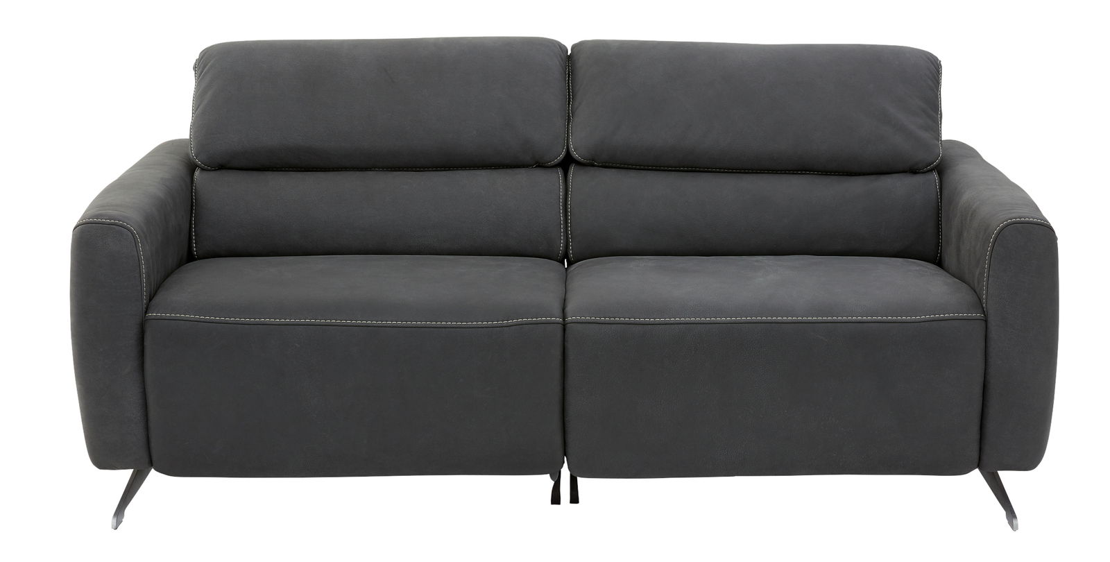 Frontale Ansicht eines modernen, dunkelgrauen 3-Sitzer-Sofas mit klaren Linien und eleganten Nähten.