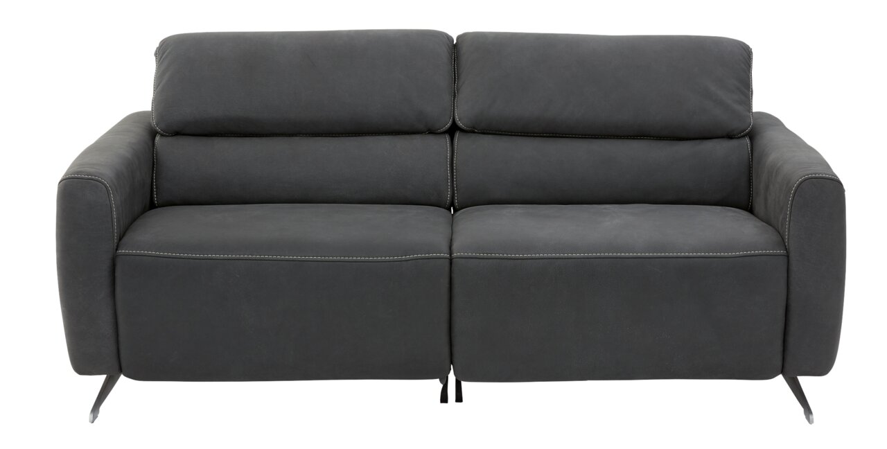 Frontale Ansicht eines modernen, dunkelgrauen 3-Sitzer-Sofas mit klaren Linien und eleganten Nähten.