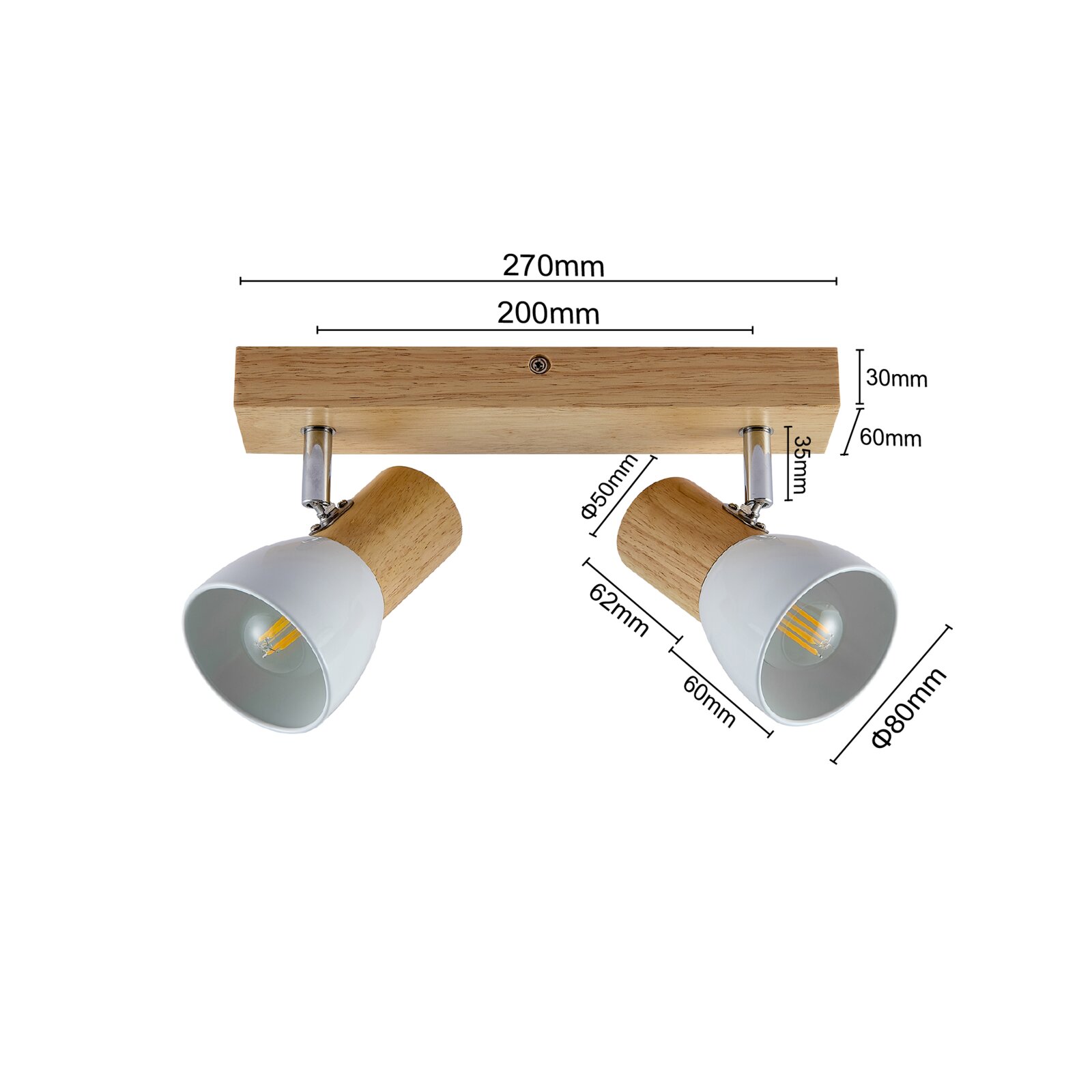 Deckenstrahler mit zwei verstellbaren Holz- und Metallleuchten, Ansicht von unten