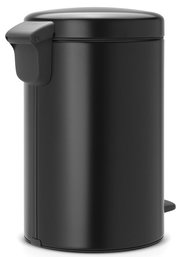 Schwarzer Treteimer aus seitlicher Perspektive mit Pedal und Deckel.