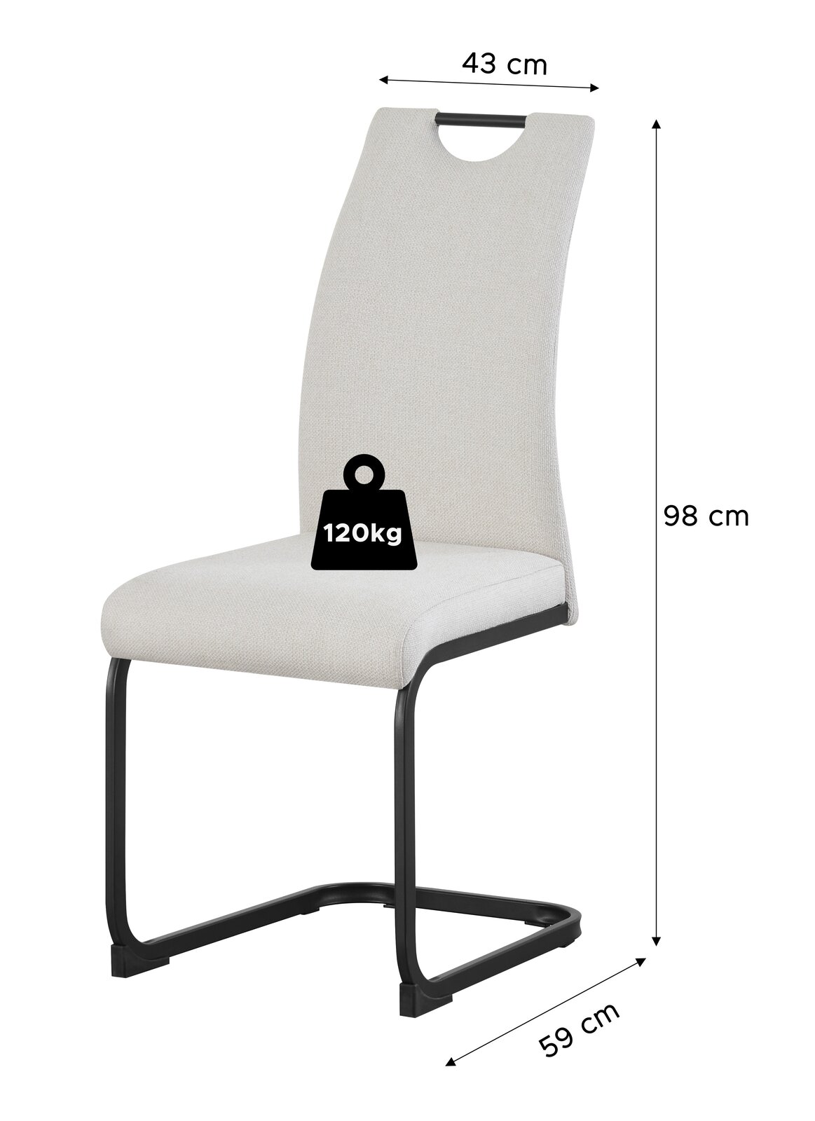 Beiger Polster-Schwingstuhl mit schwarzem Metallgestell und Griff an der Rückenlehne, Maße ca. 98 cm hoch, 43 cm breit und 59 cm tief, belastbar bis 120 kg, Ansicht schräg von vorne.