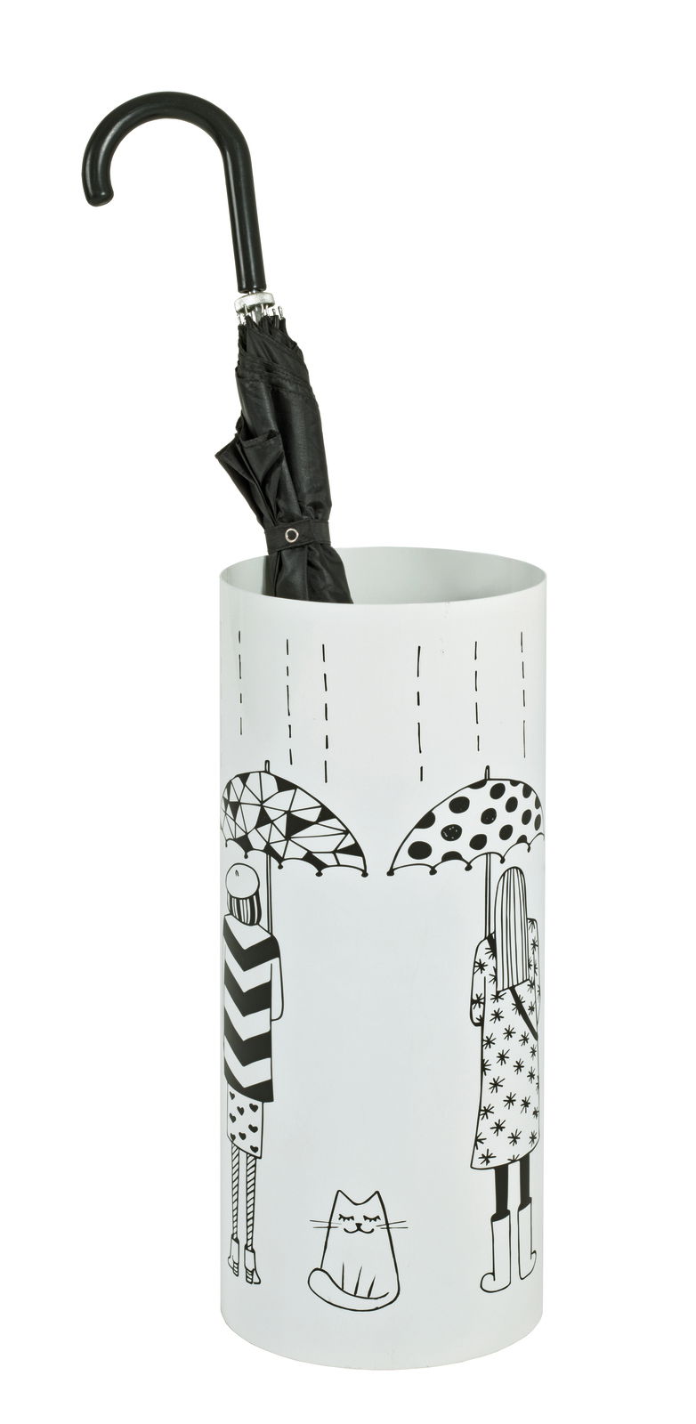 BOXXX Schirmständer PRIMUS Weißer Schirmständer mit schwarzem Regenschirm und stilisierten Figuren und Katze, Vorderansicht