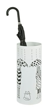 Weißer Schirmständer mit schwarzem Regenschirm und stilisierten Figuren und Katze, Vorderansicht