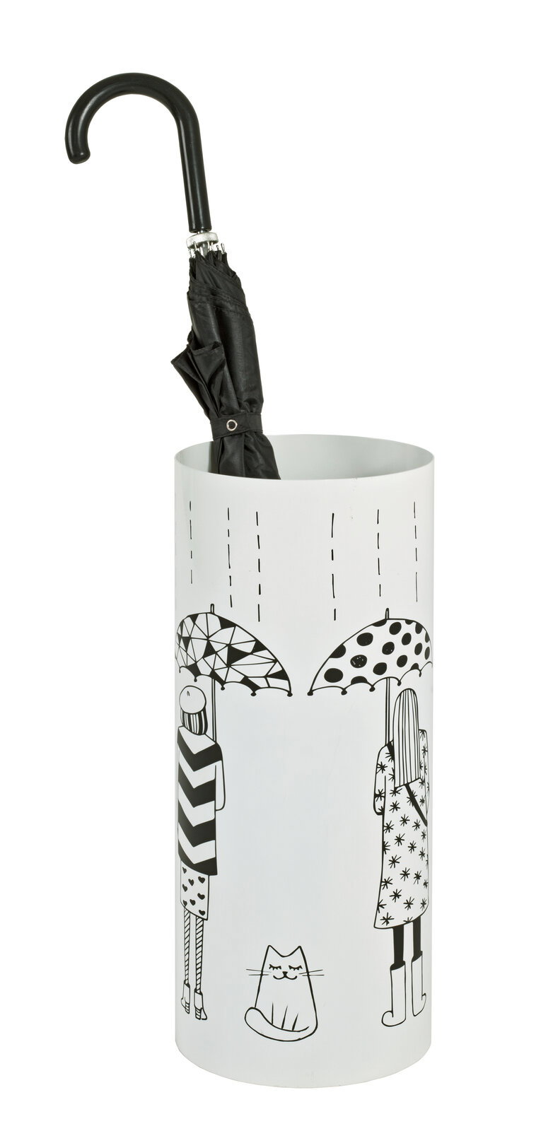 BOXXX Schirmständer PRIMUS Weißer Schirmständer mit schwarzem Regenschirm und stilisierten Figuren und Katze, Vorderansicht