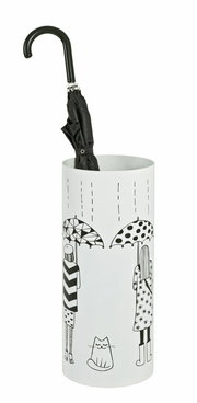 Weißer Schirmständer mit schwarzem Regenschirm und stilisierten Figuren und Katze, Vorderansicht