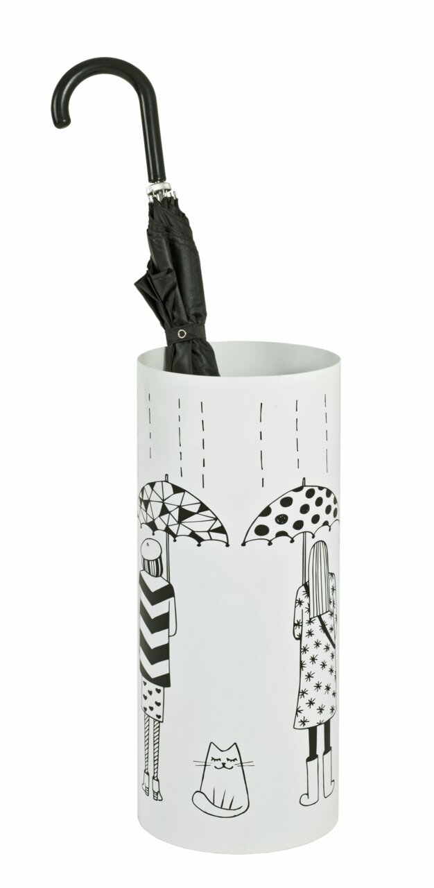 Weißer Schirmständer mit schwarzem Regenschirm und stilisierten Figuren und Katze, Vorderansicht
