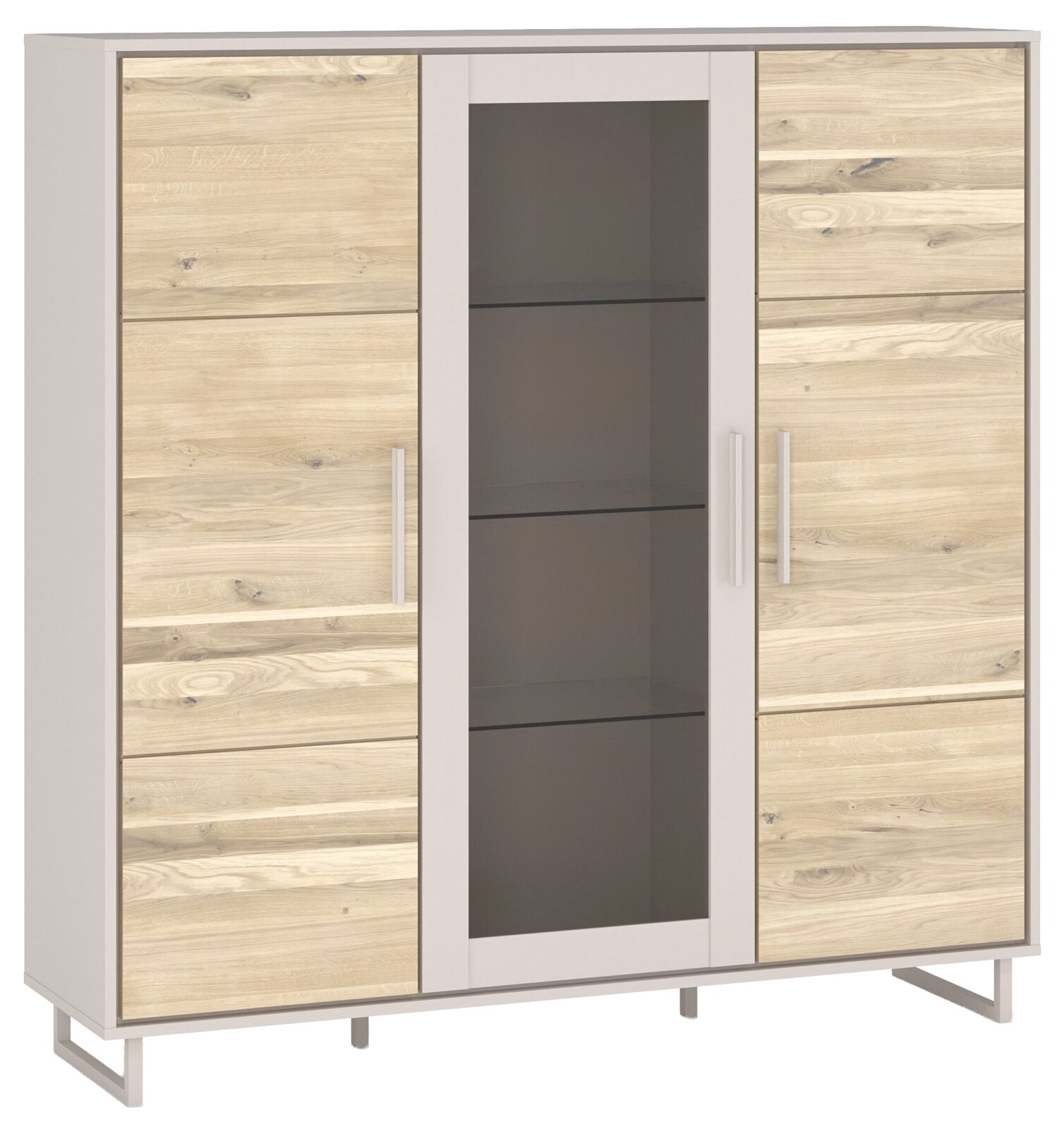 Z2 Highboard KAI Modernes Highboard mit Holzoptik und Glastür in der Mitte, frontal betrachtet.