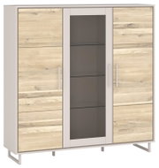 Modernes Highboard mit Holzoptik und Glastür in der Mitte, frontal betrachtet.
