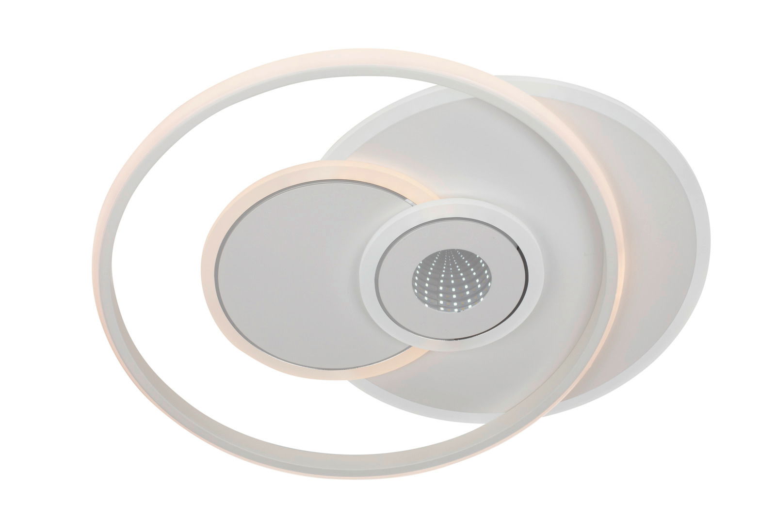 Moderne LED-Deckenleuchte mit kreisförmigem Design, seitliche Perspektive