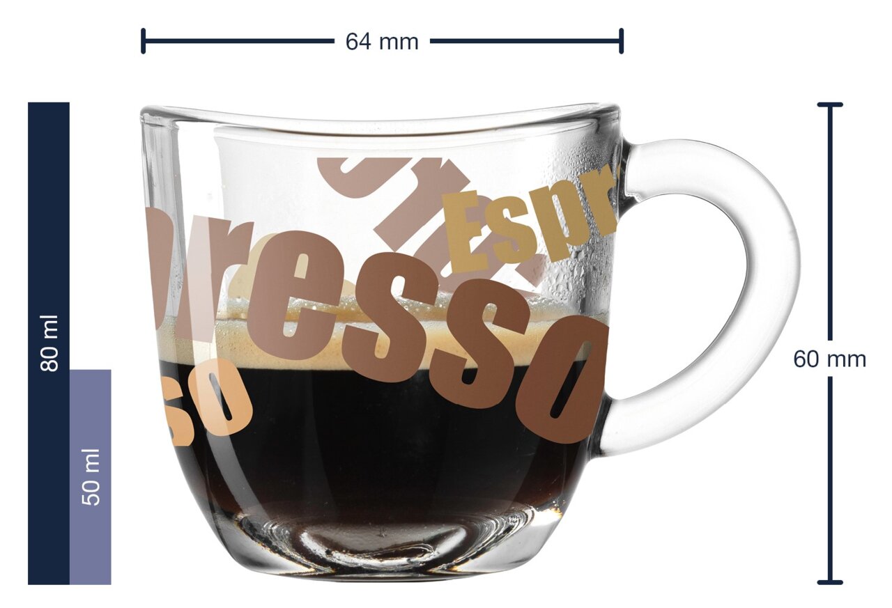 Espressokopje Napoli, driekleurig, van glas met oor, inhoud 80 ml, hoogte 60 mm, diameter 64 mm, zijaanzicht.
