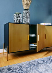 Zwei Vasen mit Tiermuster auf einem modernen Sideboard, fotografiert aus einer seitlichen Perspektive.