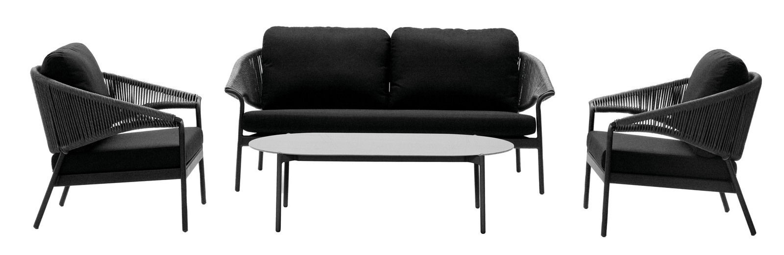 Dieter Knoll Loungegarnitur CELIA Loungegarnitur bestehend aus einem Sofa, zwei Sesseln und einem Couchtisch, frontal betrachtet.