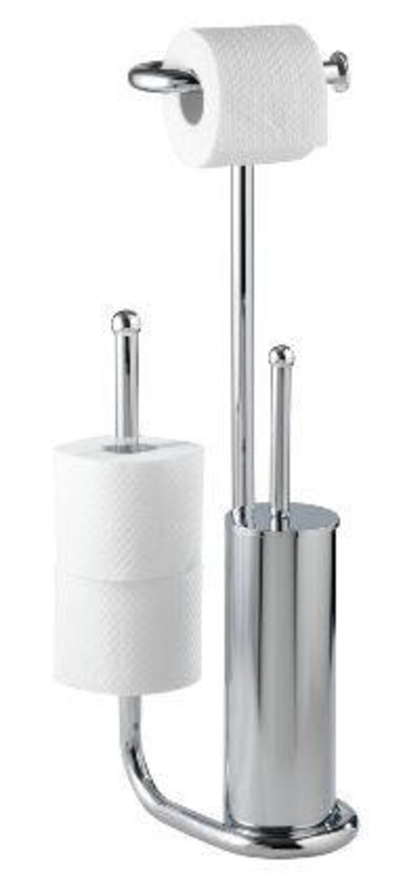 Stand WC-Garnitur Universalo aus Metall mit glänzender Chromoberfläche, inklusive Toilettenpapierhalter und WC-Bürstenhalter, seitliche Perspektive