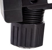 Nahaufnahme eines schwarzen Drehknopfes an einem Drehstuhlmechanismus, seitliche Perspektive.