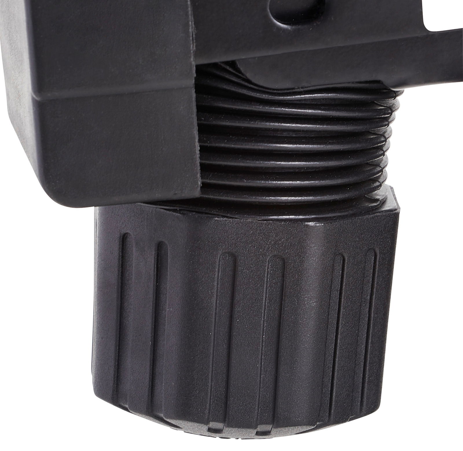 Nahaufnahme eines schwarzen Drehknopfes an einem Drehstuhlmechanismus, seitliche Perspektive.