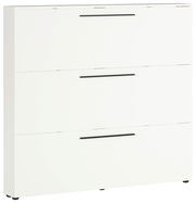 Weißer Schuhschrank mit drei Klappen und schwarzen Griffen, seitliche Perspektive