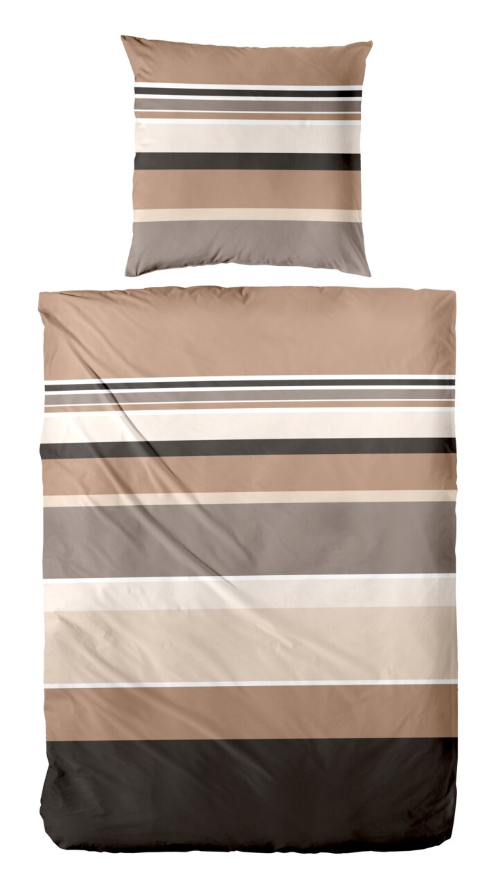 Primera Mako Satin Bettwäsche 135/200cm SATIN Gestreifte Bettwäsche-Garnitur mit Kissenbezug in Beige-, Taupe-, Grau-, Weiß- und Schwarz-Tönen, frontal von oben (Draufsicht) freigestellt auf weißem Hintergrund