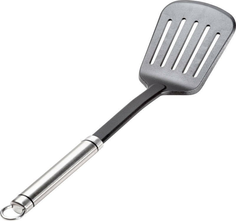 Justinus Pfannenwender TwinLine TWINLINE Pfannenwender TwinLine aus Edelstahl und Kunststoff, schräg von oben fotografiert