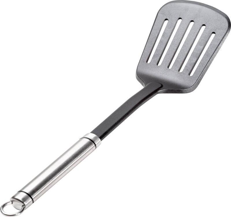 Pfannenwender TwinLine aus Edelstahl und Kunststoff, schräg von oben fotografiert