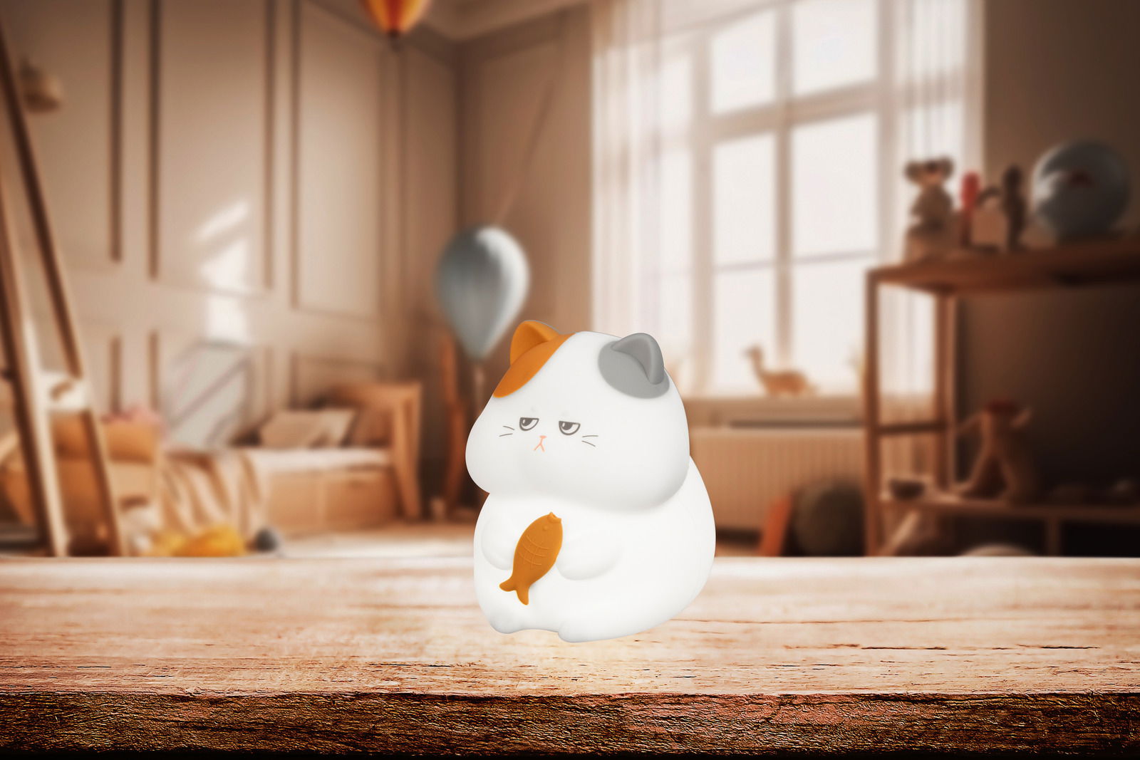 Niedliches Akku-Nachtlicht in Form einer sitzenden Katze mit einem Fisch in den Pfoten, seitliche Perspektive.