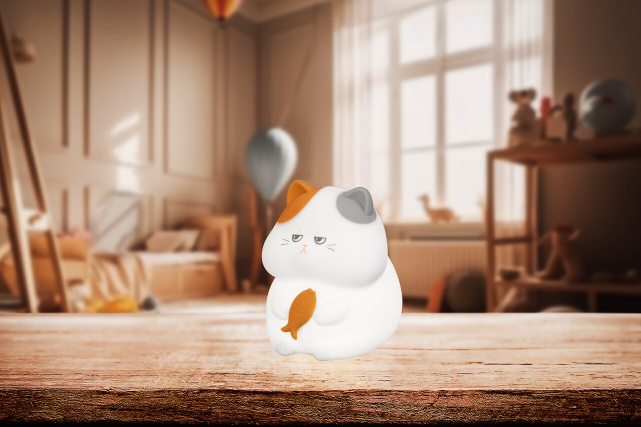 Niedliches Akku-Nachtlicht in Form einer sitzenden Katze mit einem Fisch in den Pfoten, seitliche Perspektive.