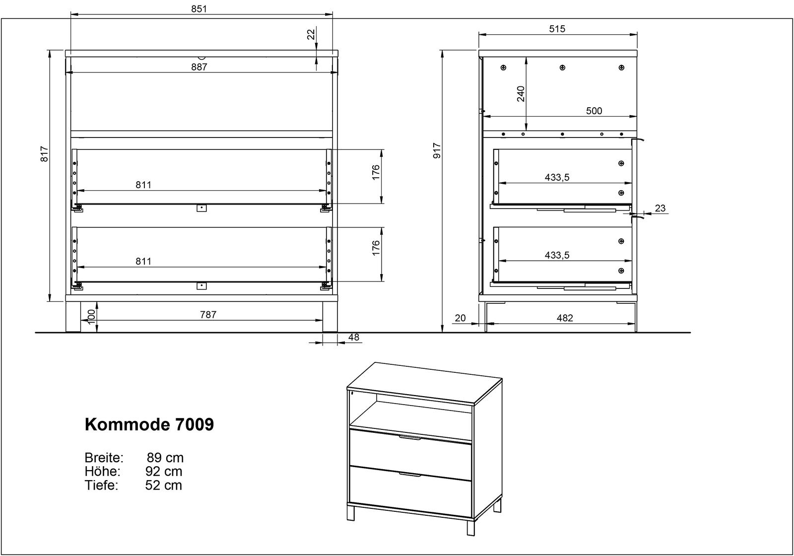 Technische Zeichnung einer Kommode mit drei Schubladen, Vorder- und Seitenansicht, Maße: Breite 89 cm, Höhe 92 cm, Tiefe 52 cm.