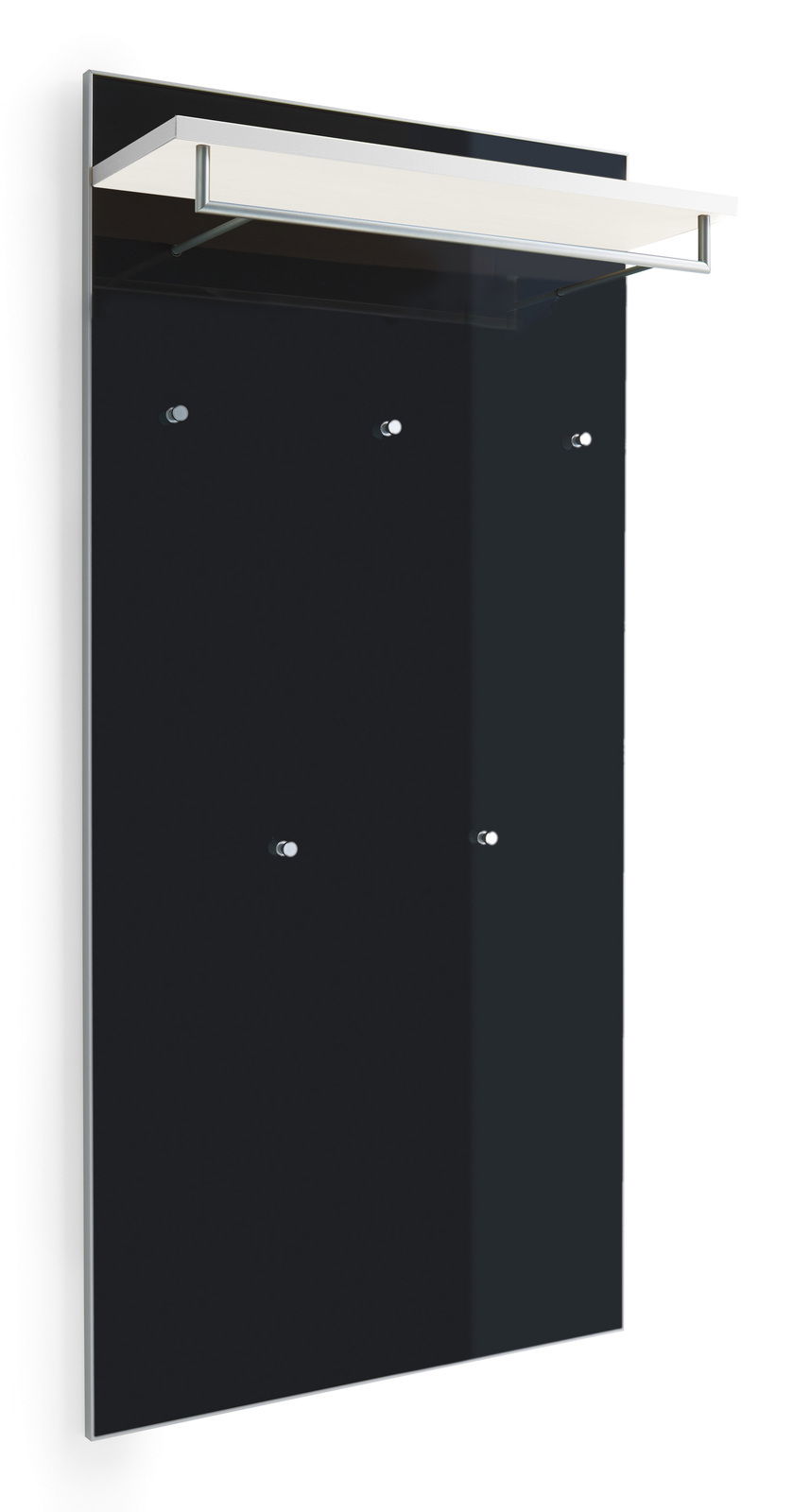 Schwarzes XL-Garderobenpaneel mit Ablage und Haken, seitliche Perspektive